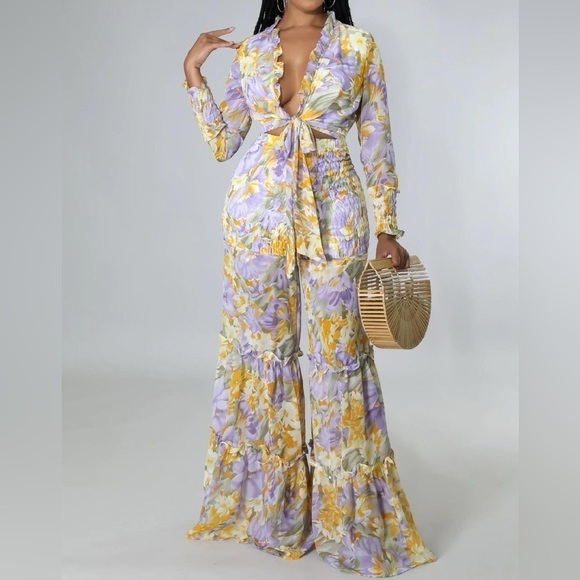 Banjul 2 piece crop top wide leg flowing pants floral print yellow purple medium - Picture 13 of 13